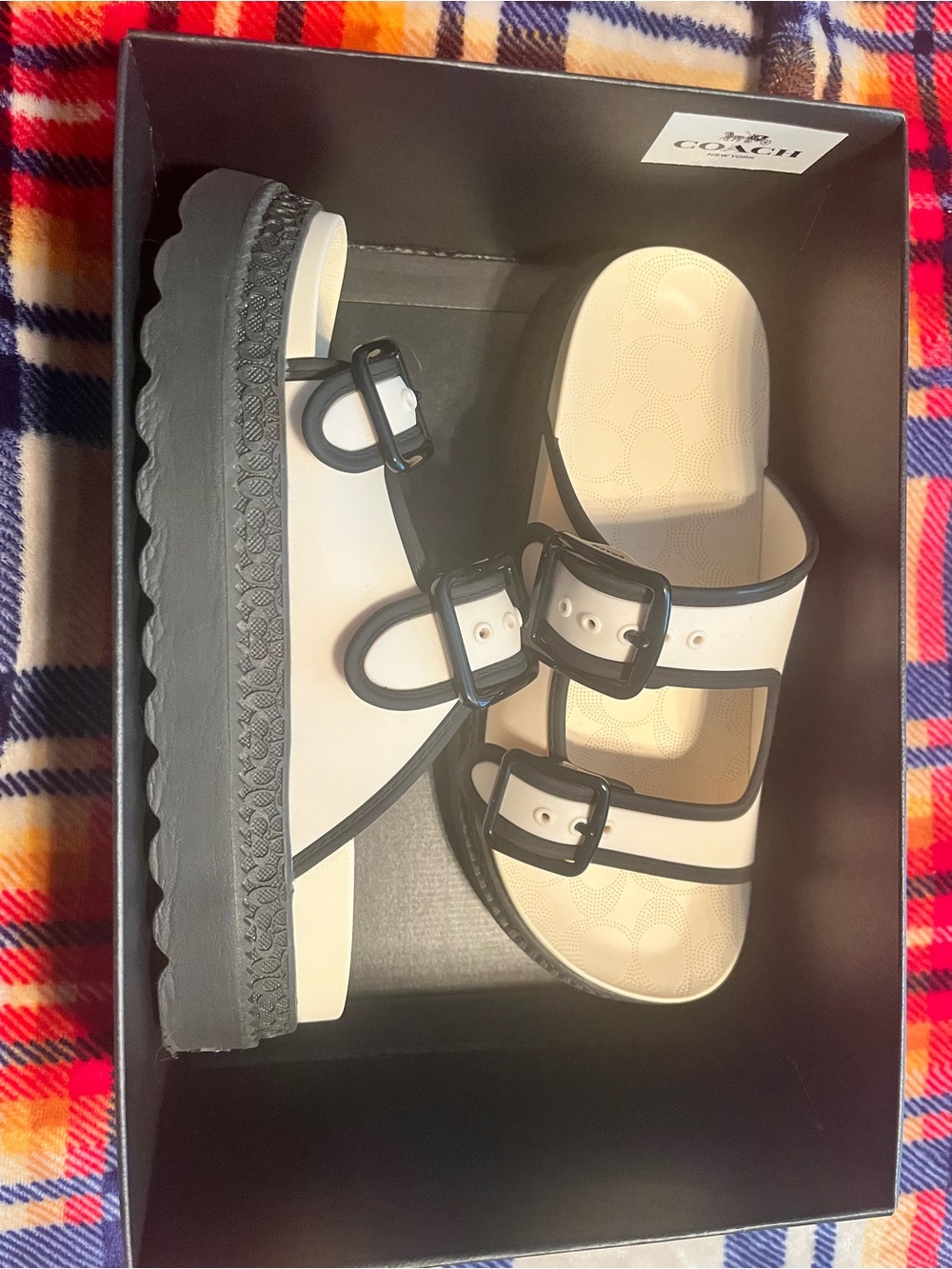 Coach White and Black Double Buckle Slide Sandals